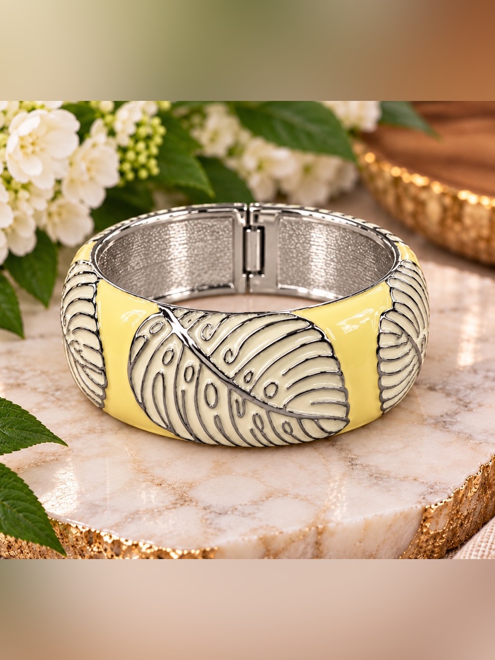 Nordstrom Sequin Pale Yellow Silver Leaf Hinged Statement Bangle Bracelet